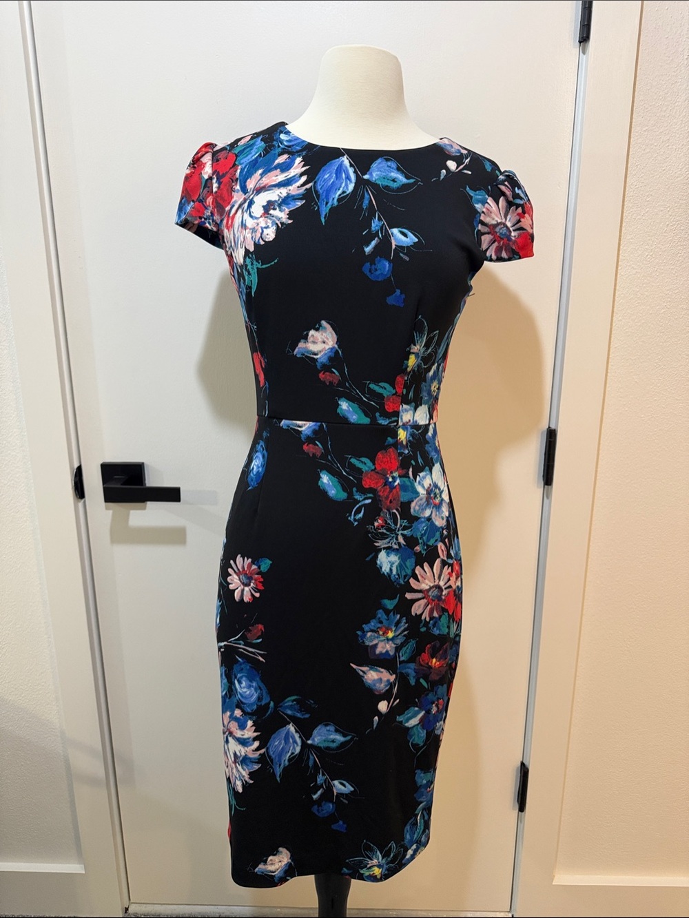 Betsey Johnson Black Midi Dress with Blue & Red Floral Print